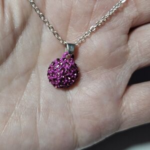 Roman Silver Tone Necklace With Pink Rhinestone Half Dome Pendant Necklace